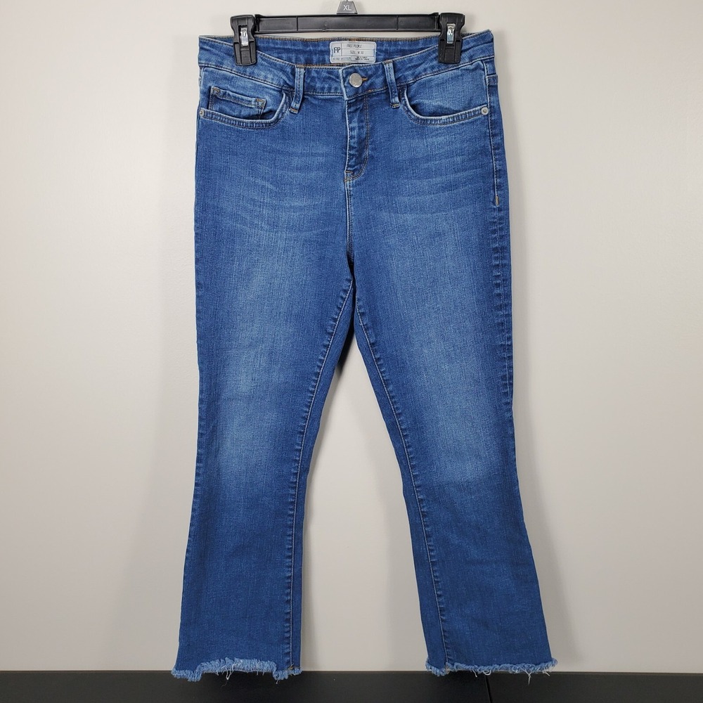 Free People Straight Blue Denim Frayed Hem Jeans Crop 30 25" Inseam